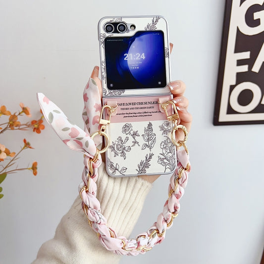 For Samsung Galaxy Z Flip5 5G Pearlescent Paint Painted PC Phone Case with DIY Scarf Bracelet(Sketch Flower) by bashfashion