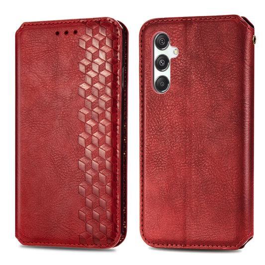 ForSamsung Galaxy M34 5G Cubic Grid Pressed Magnetic Leather Phone Case(Red) by bashfashion