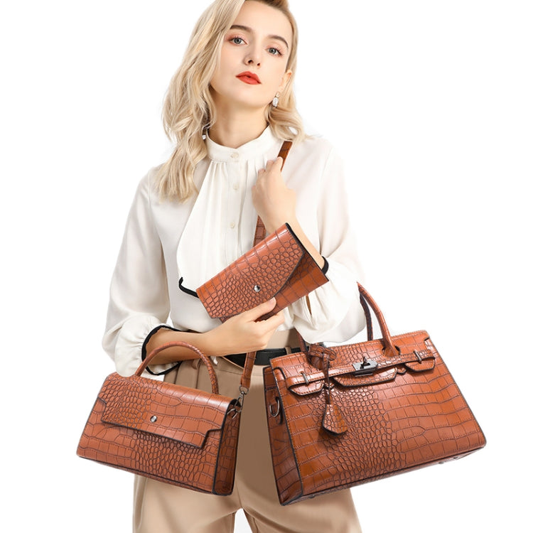 3 In 1 Crocodile Print Diagonal Cross-Body Bag Large Capacity Tote Bag(Dark Brown) by bashfashion
