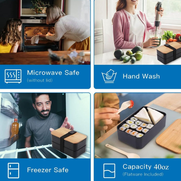 1200ml Portable Compartment Insulated Double Layer Lunch Box Microwavable Plastic Food Container, Color: With Insulation Bag Black by bashfashion