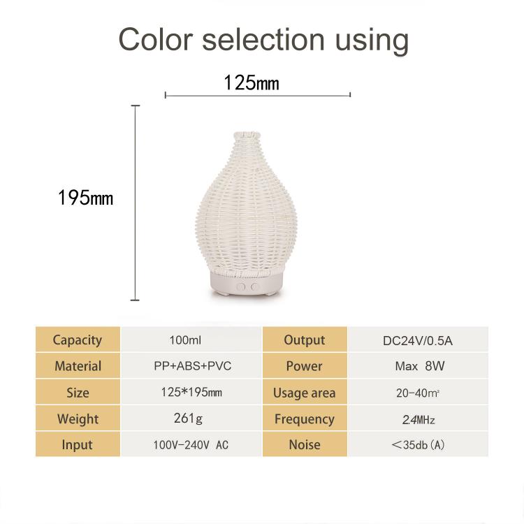 5V USB 100ML Hollow Rattan Ultrasonic Humidifier & Aromatherapy Diffuser with 7-Color LED Lights(Light Wood Grain) by bashfashion