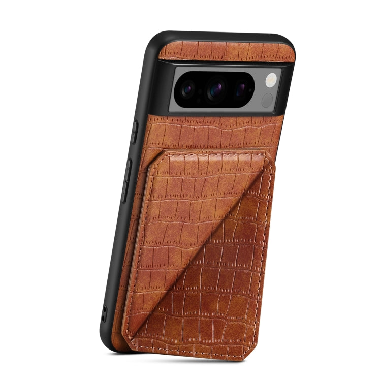 For Google Pixel 8 Pro Denior Crocodile Texture Holder Electroplating Phone Case(Brown) by Denior