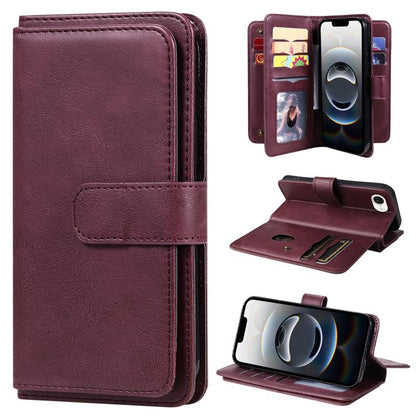 For iPhone 16e Multi-Function Wallet 10 Card Slots Leather Phone Case(Claret) by bashfashion