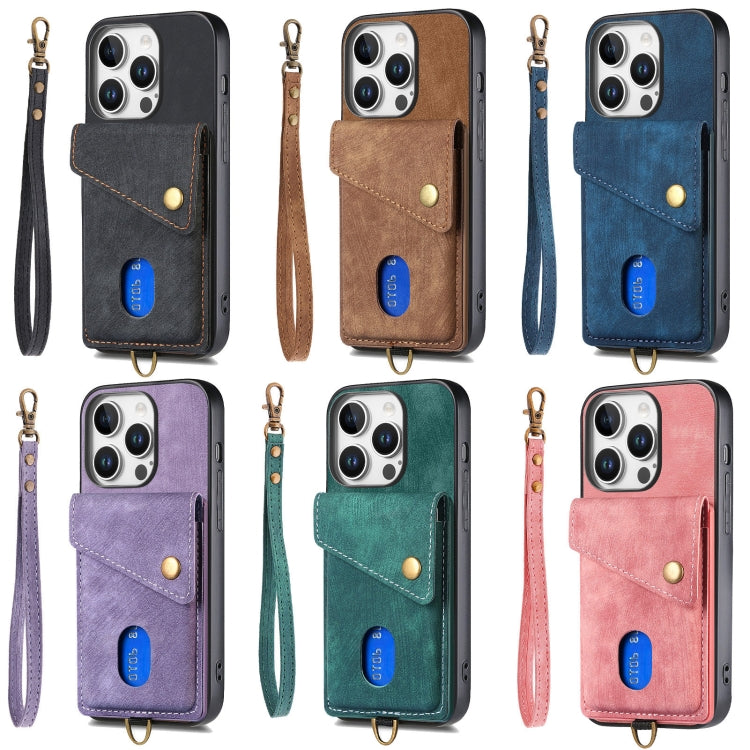 For iPhone 16e Retro Card Wallet Fold Leather Phone Case with Strap(Blue) by bashfashion