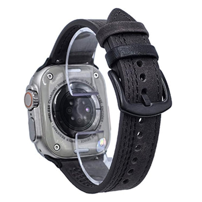 For Apple Watch 46mm / 49mm / 45mm / 44mm 7-Line Tri-Star Buckle Pull Up Leather Watch Band(Gray Black Thread) by bashfashion