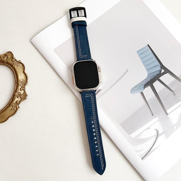 For Apple Watch 42mm / 41mm / 40mm / 38mm 7-Line Tri-Star Buckle Pull Up Leather Watch Band(Dark Blue White Thread) by bashfashion