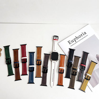 For Apple Watch 42mm / 41mm / 40mm / 38mm 7-Line Tri-Star Buckle Pull Up Leather Watch Band(Black Blue Thread) by bashfashion